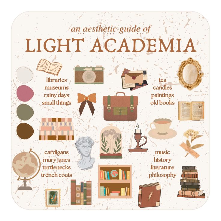 an aesthetic guide of light academa with pictures, books, and other things