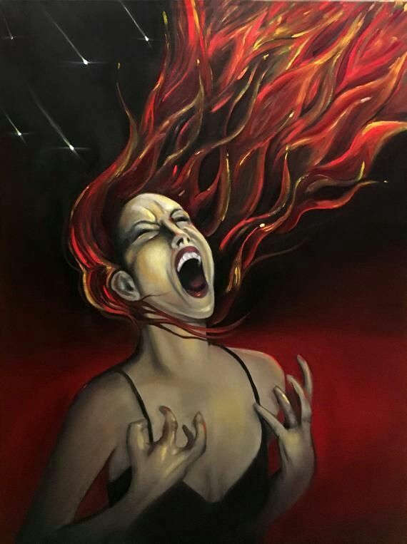 a painting of a woman with her mouth open and hair blowing in the wind,