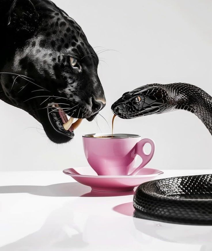 a black leopard drinking out of a pink coffee cup with a snake on the side