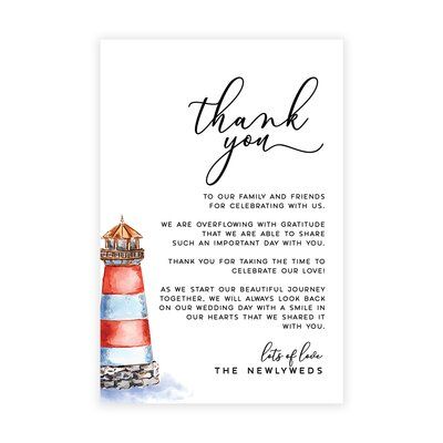 a card with the words thank you on it and a lighthouse in watercolors