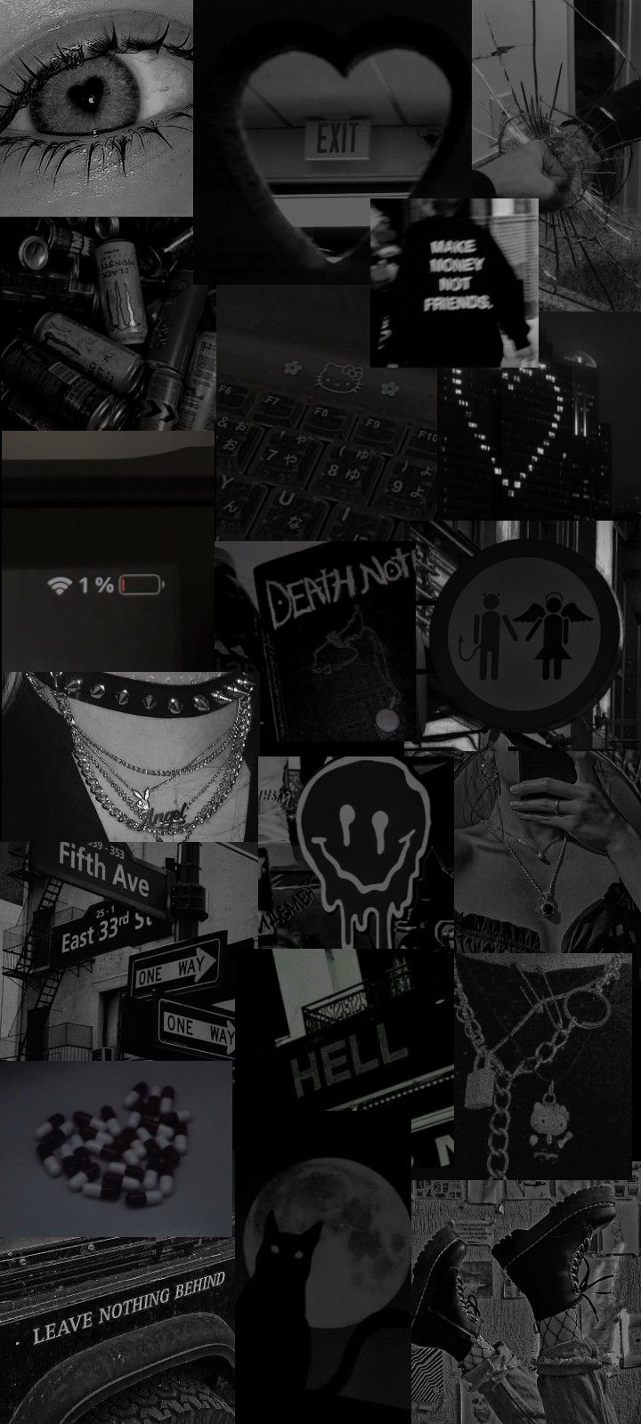 a collage of black and white images with various items on them, including an eye