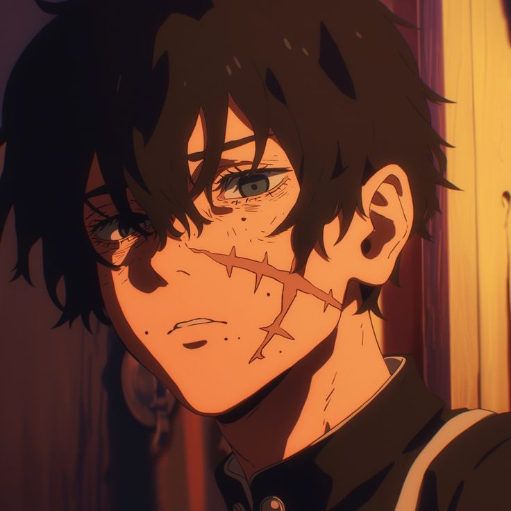 an anime character with black hair and blood on his face, staring at the camera