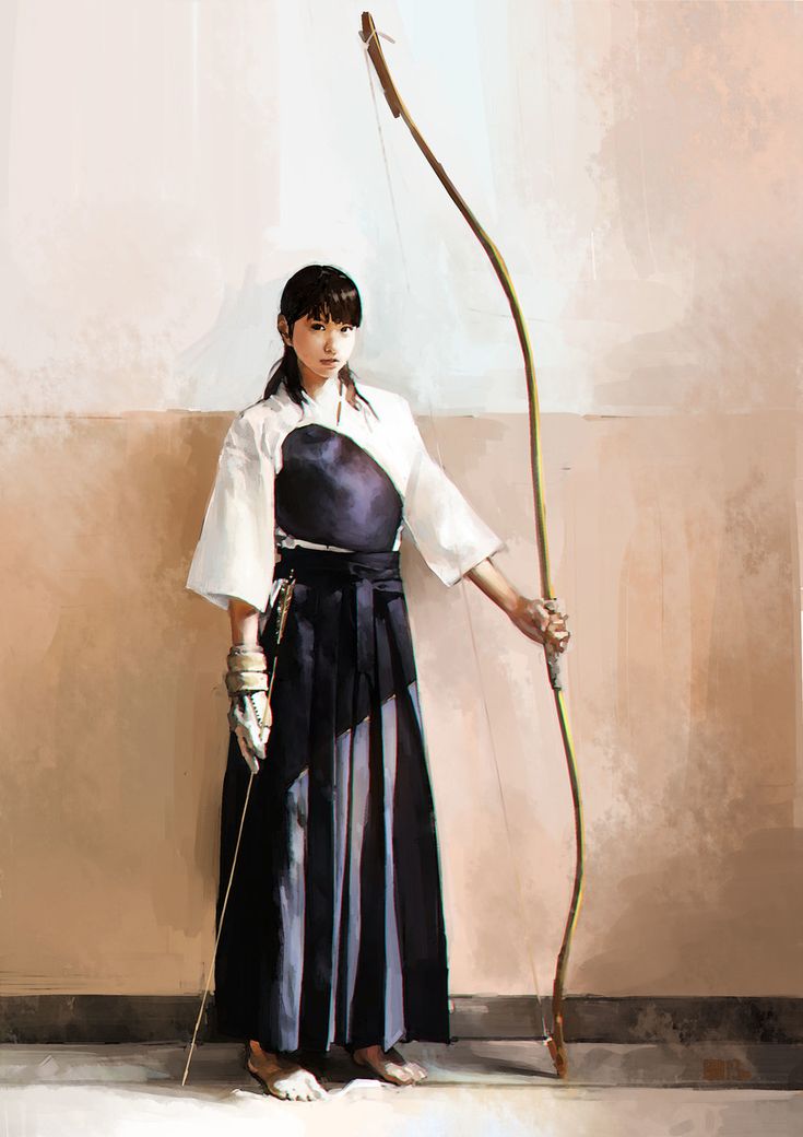 a painting of a woman holding a bow and arrow in one hand while standing next to a wall