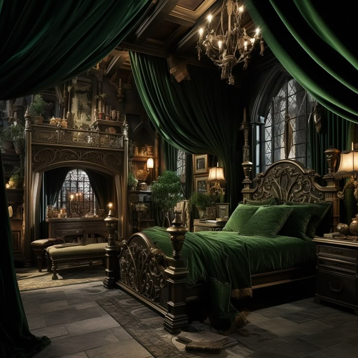 an elaborate bedroom with green drapes and furniture