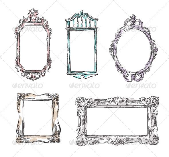 four different frames with ornate designs on the sides and one is painted in pastel colors