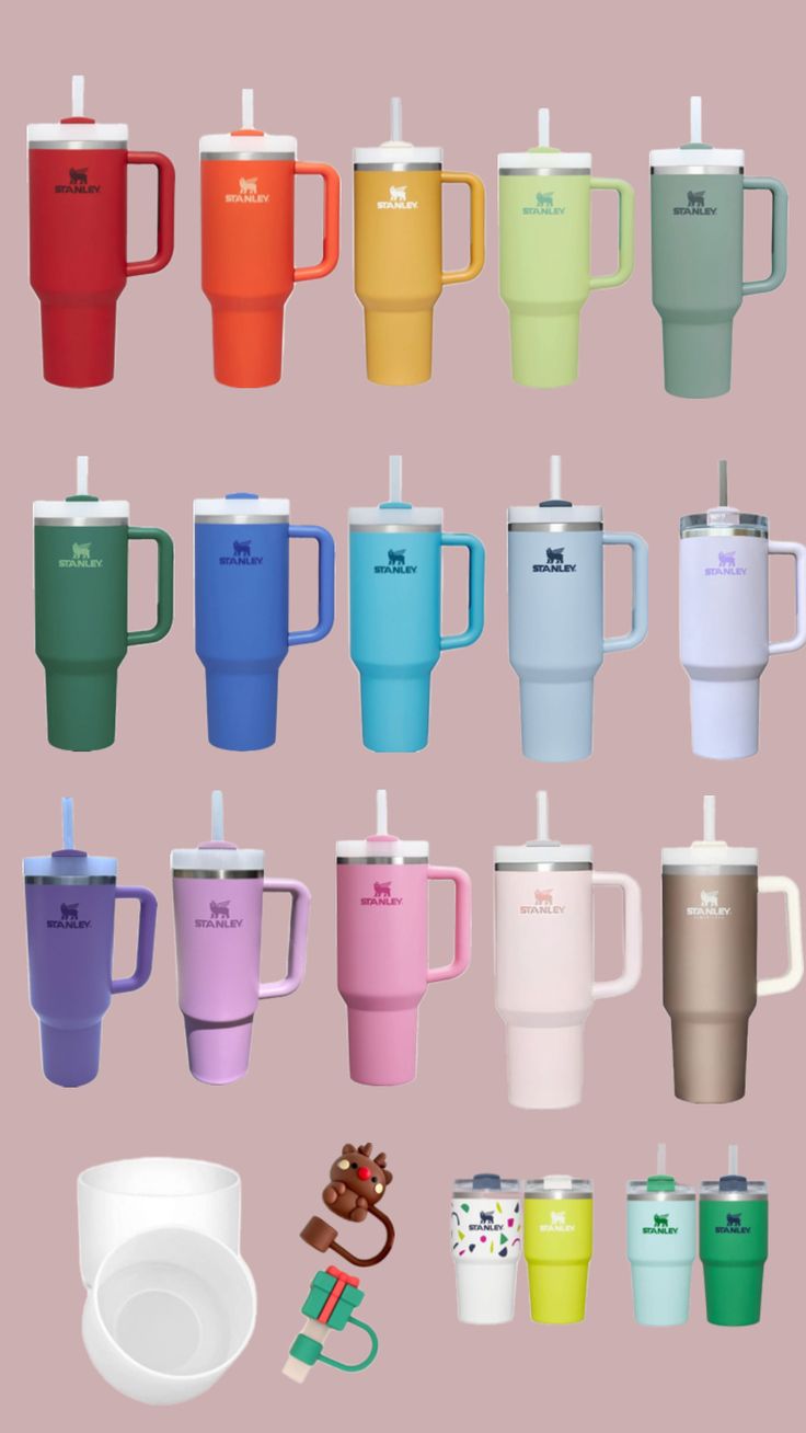 many different colored cups with lids and straws on them, all lined up against a pink background