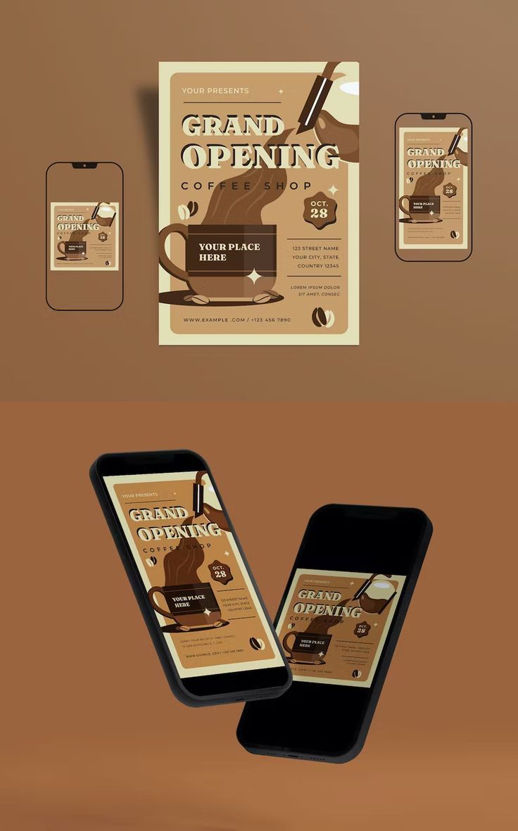 an image of a coffee shop advertisement on a phone and in front of it is a cup of coffee