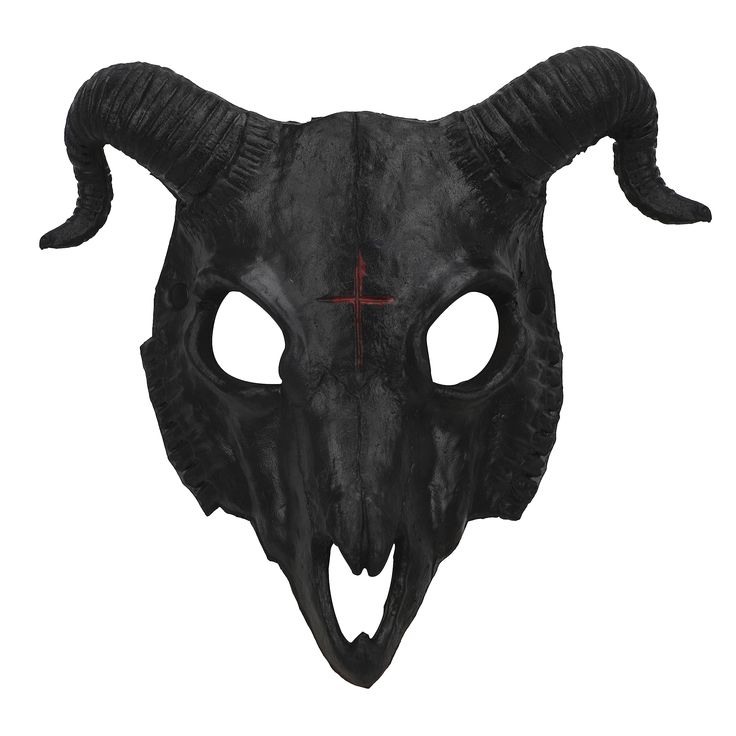 a black mask with horns and red cross on it