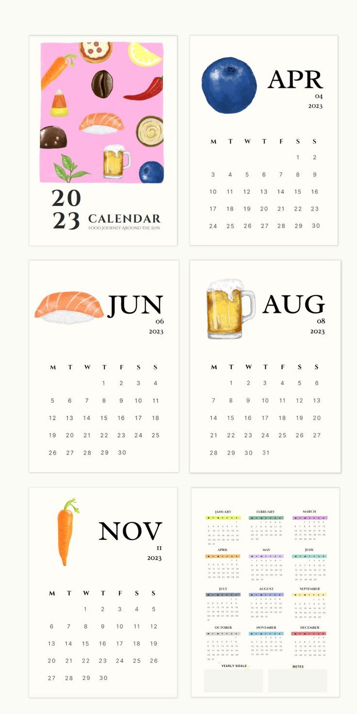 four calendars with different foods and drinks on the front, one for each month