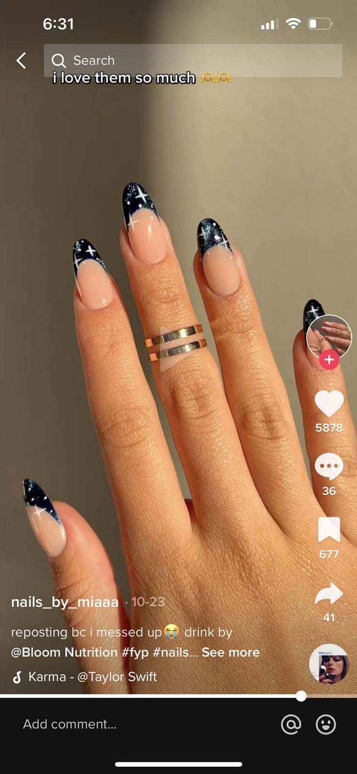 Midnight Nail Ideas, Sapphire Blue Nail, Taylor Swift Midnights Acrylic Nails, Midnights Inspired Nail, Midnight Era Taylor Swift Nails, Navy Blue Almond Nails Art Designs, Midnight Nail Art, Midnight Inspired Nails, Dark Blue Moon Nails