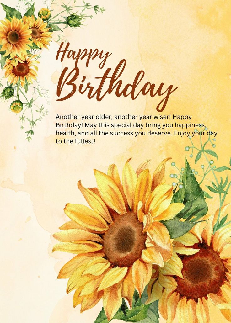 a happy birthday card with sunflowers and leaves on the bottom, in watercolor