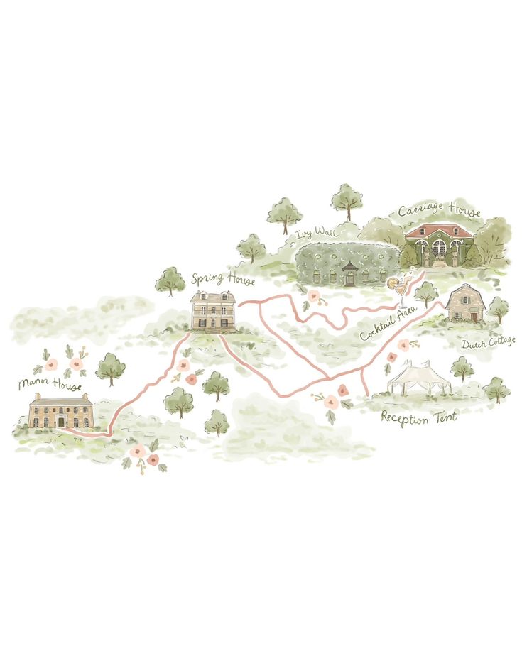 a drawing of a map with buildings and trees