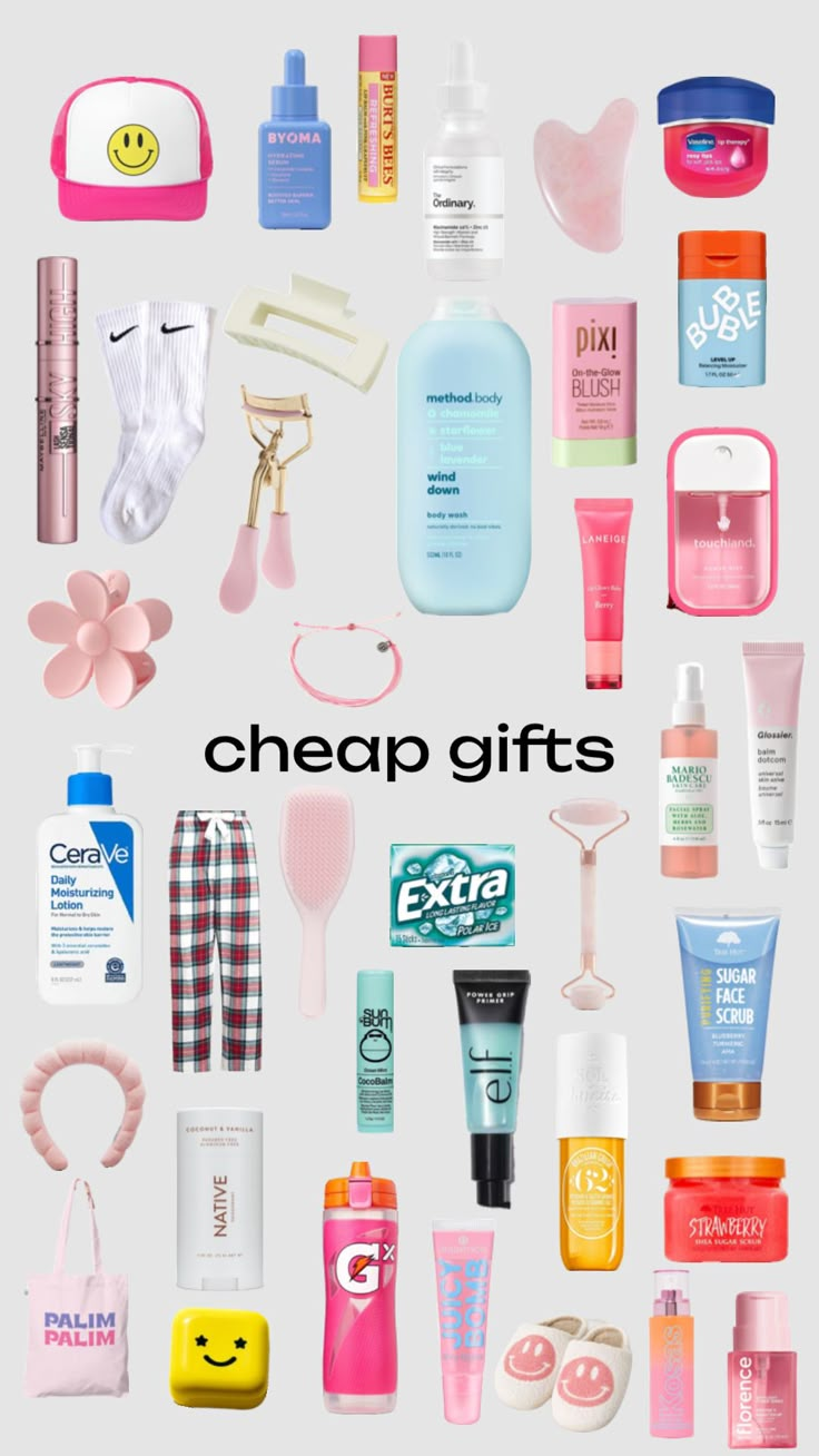 the words cheap gifts are surrounded by many different types of cosmetics and personal care products