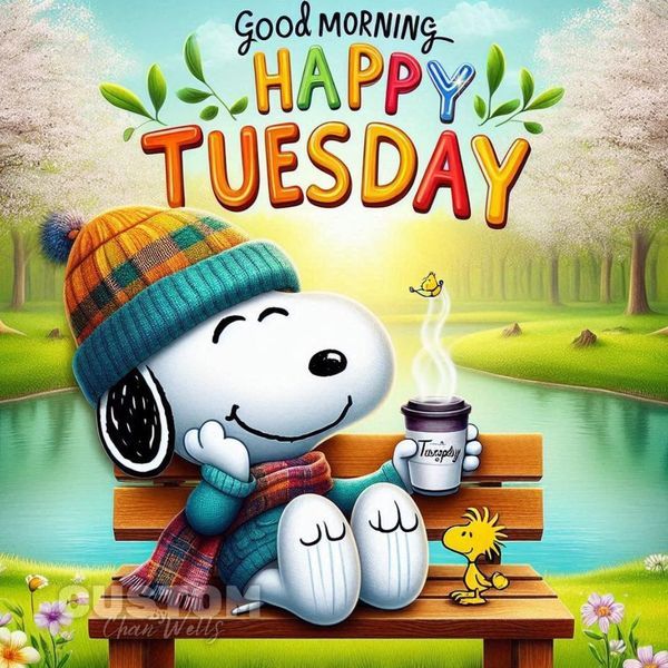 snoopy sitting on a bench with a cup of coffee in his hand and the caption good morning happy tuesday