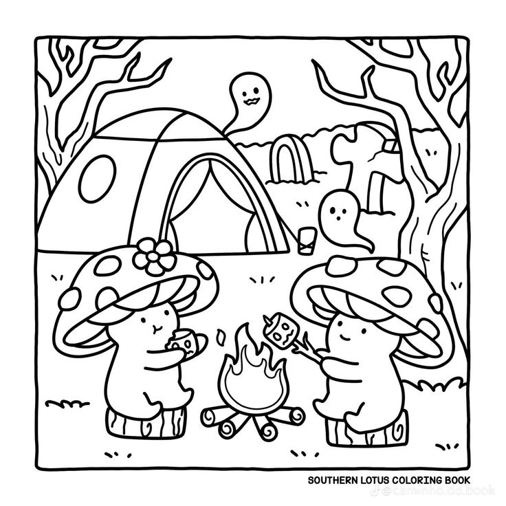 an animal coloring page with two elephants and a campfire in the woods, one is holding