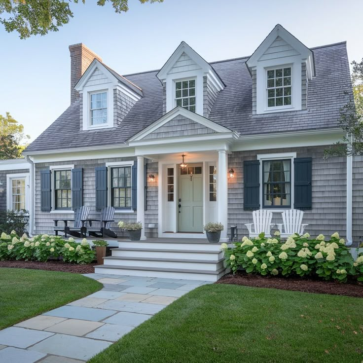 a gray house with white trim and blue shutters on the front door is shown