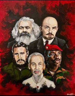 an oil painting of four men with beards