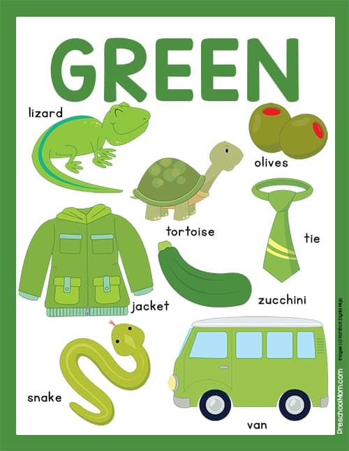 a green poster with different items in it