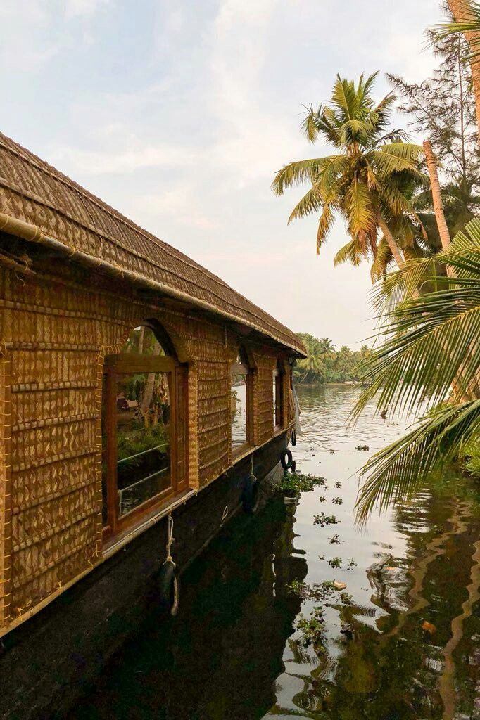 there is a house boat on the water with palm trees in the backgroud