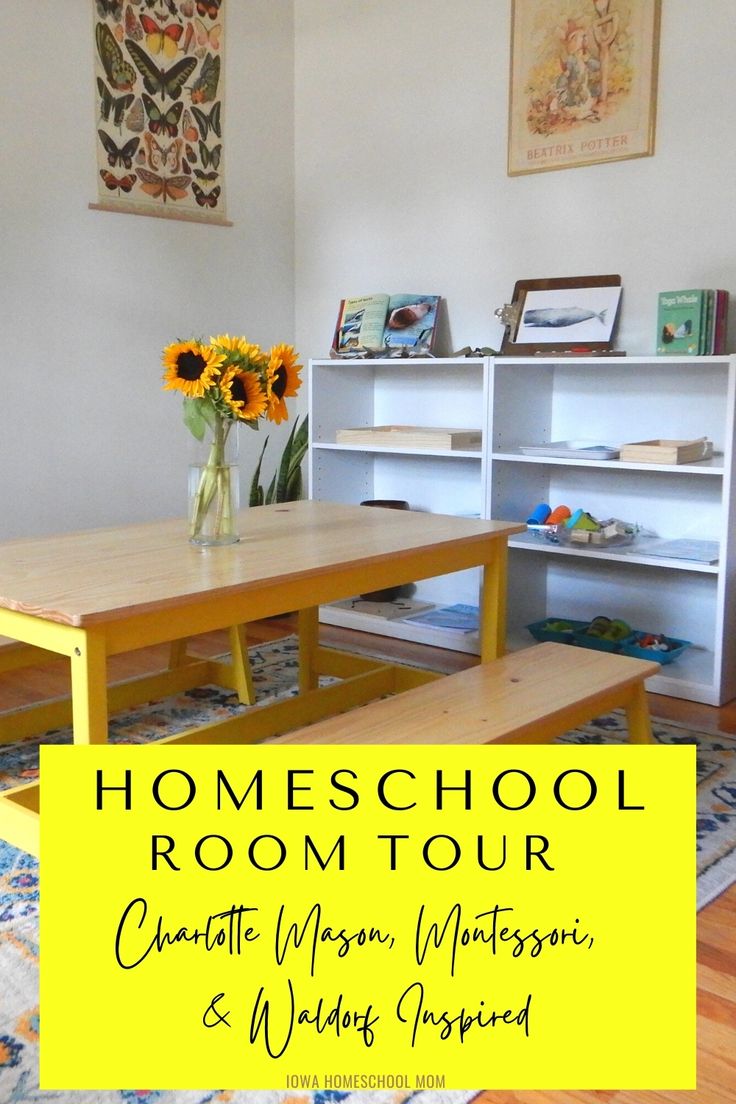 a room with a table, bookshelf and sunflowers on the floor