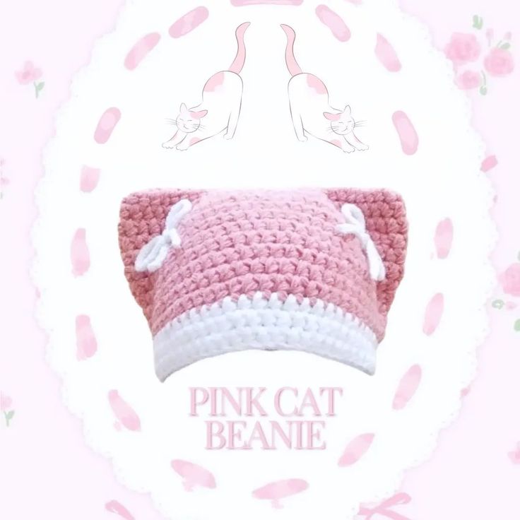 the pink cat beanie is crocheted with white yarn