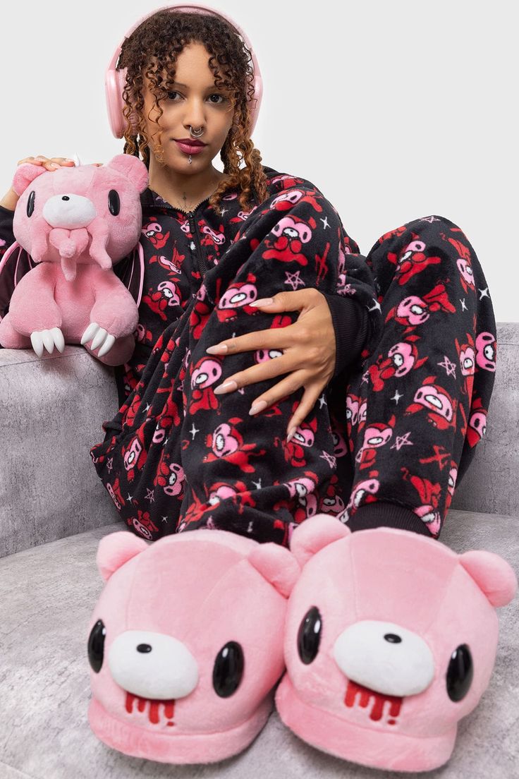 GLOOMY HORNS.- Soft, fleece onesie.- Custom all over Gloomy Bear print.- Long, cuffed sleeves.- Cuffed leg.- Lined, drawstring hood with horns.- Pockets.- Front zip closure.- Relaxed fit.With KILLSTAR branding, 100% Polyester.Machine wash cold (30°c) / Do not bleach / Do not tumble dry / Do not iron / Do not dry clean. Imported. Gloomy Bear Onesie, Gloomy Bear Cosplay, Bear Onesie, Gloomy Bear, Bear Hoodie, Cosplay Characters, Character Inspo, Bear Print, Cuff Sleeves