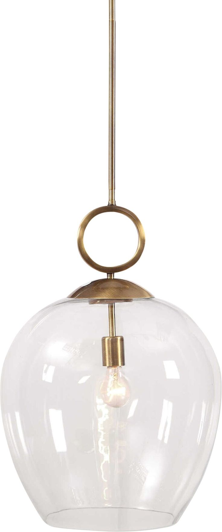 a light that is hanging from the ceiling with a glass ball on it's end