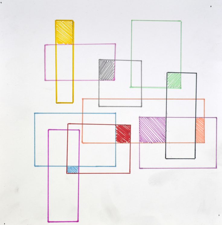 a drawing of squares and rectangles on a white paper with colored crayons