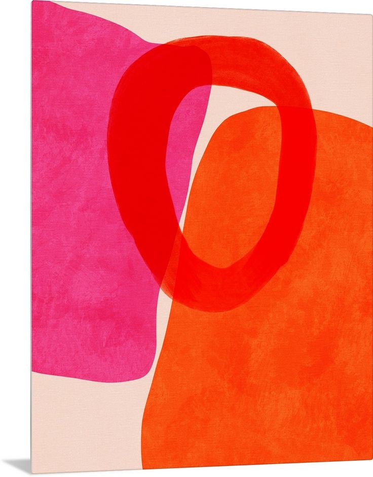 an orange and pink abstract painting on white paper with the letter o in it's center