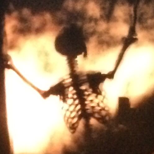 the silhouette of a skeleton is shown in this blurry image with light coming from behind it