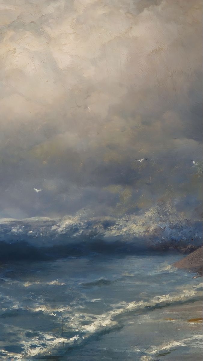 an oil painting of clouds over the ocean