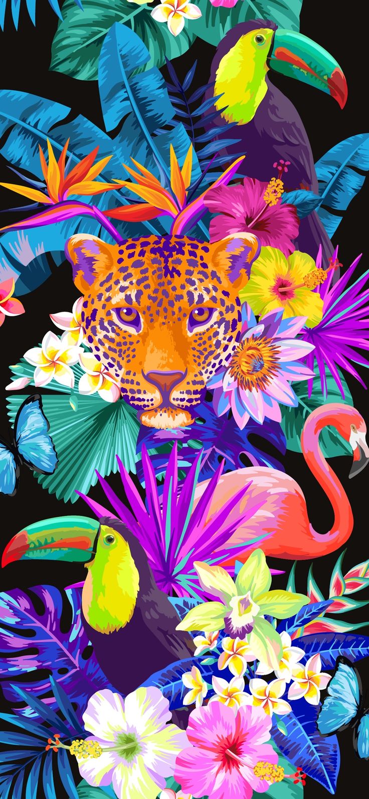 a colorful tiger surrounded by tropical flowers and birds on a black background with flamingos