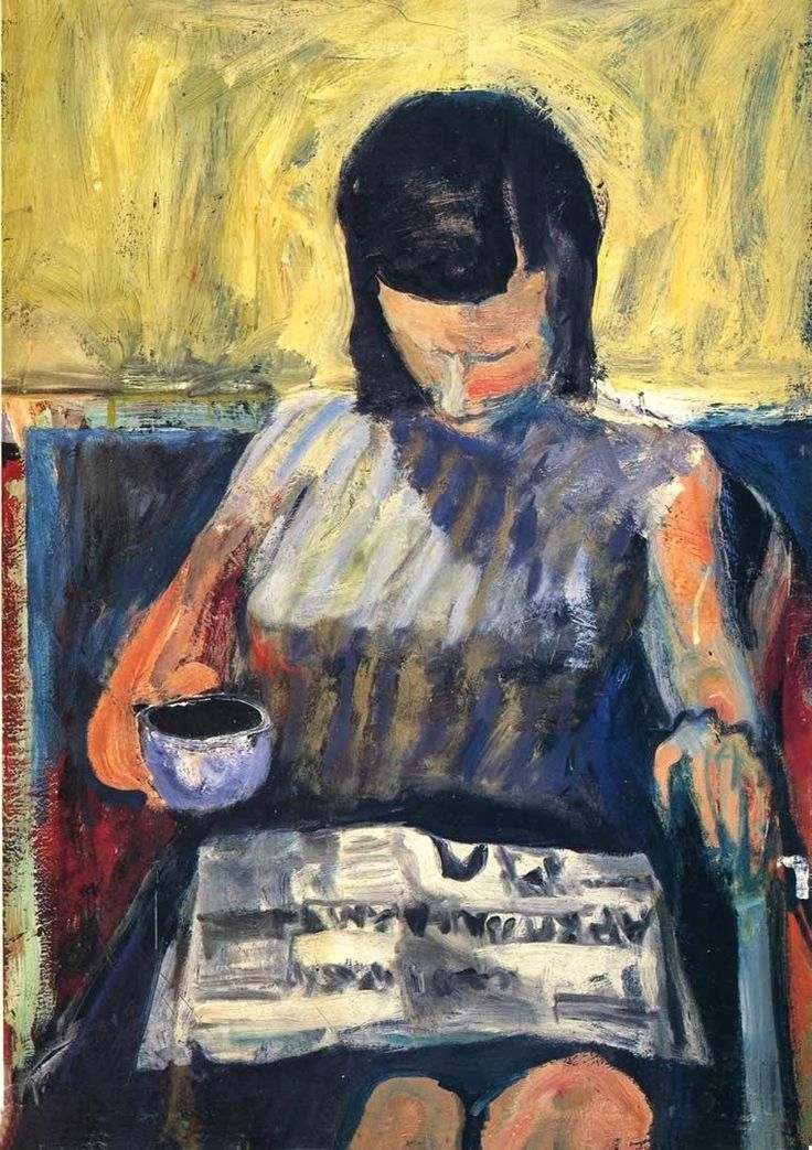 a painting of a woman sitting in a chair with a cup of coffee and newspaper