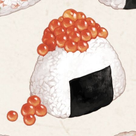 a sushi pattern with black and orange balls coming out of the sushi shell