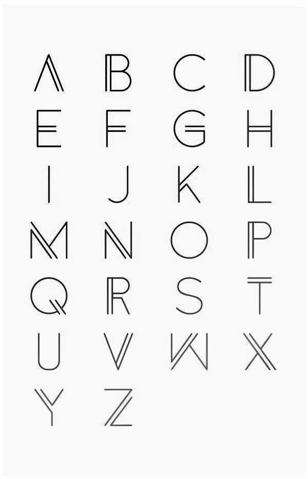 the alphabet is shown in black and white, with lines drawn across it to form letters