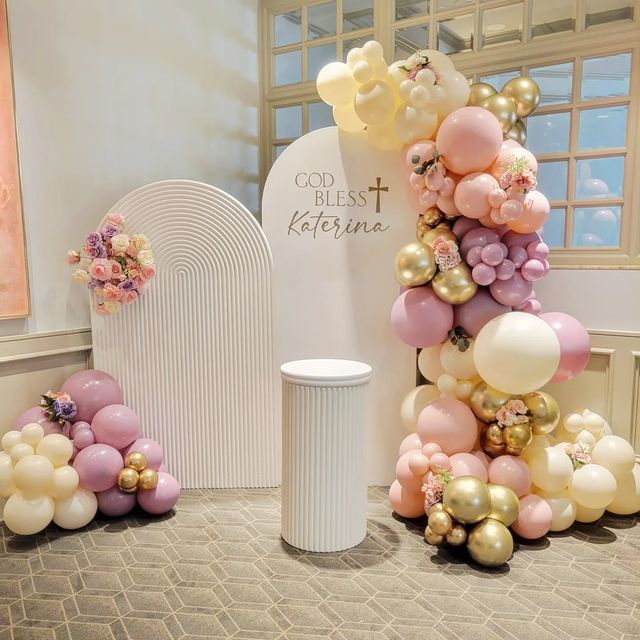 Birthday And Baptismal Decoration, Pink Baptism Decorations, Baptism Backdrop Girl, Baptismal Backdrop, Baptism Balloon Arch, Christening Balloon Decorations, Baptism Ideas Decoration, Baby Girl Baptism Ideas, Baptism Backdrop Ideas