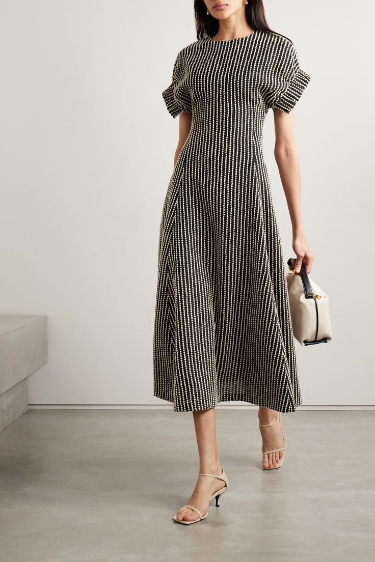 Ulla Johnson defines its artisanship as a celebration of global design, employing techniques from across the world - the stripes of this midi dress are achieved using a meticulous Italian stitch. It's made from a wool-blend and has a slim fit through the bodice before falling to soft folds through the skirt. Luxury Box Pleat Midi Dress For Summer, Affordable Striped Elegant Midi Dress, Summer Midi Dress For Workwear, Luxury Midi Dress With Tie Fastening For Daywear, Luxury Summer Midi Dress With Gathered Neckline, Bateau Dress Casual, Luxury Striped Midi Dress For Spring, Luxury Chic Midi Dress For Workwear, Luxury Chic Midi Dress With Box Pleat