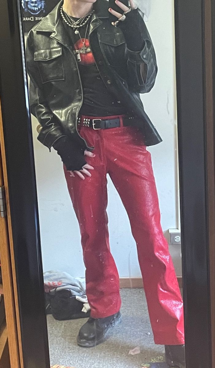 Red Semi Formal Outfit For Men, Men In Bralettes, Red And Black Punk Outfits Men, Red Grunge Aesthetic Outfits Men, Red Guy Outfits, Red And Black Male Outfits, Red Punk Outfits Men, Red Grunge Outfit Men, Male Performance Outfits