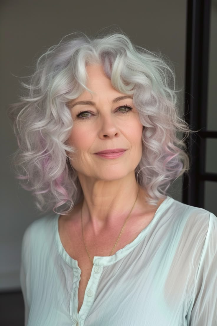 79+ Curly Hairstyles for Women Over 60 Fine Curly Hair Cuts, Medium Length Curls, Hair Refresh, Medium Curly Hair, Silver White Hair, Sarah Harris, Fine Curly Hair, Medium Length Curly Hair, Grey Curly Hair