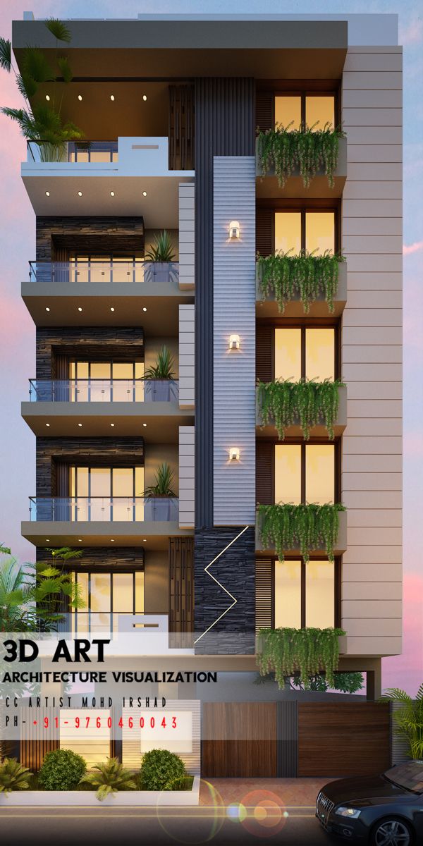 an architectural rendering of a tall building with plants growing on the balconies and windows