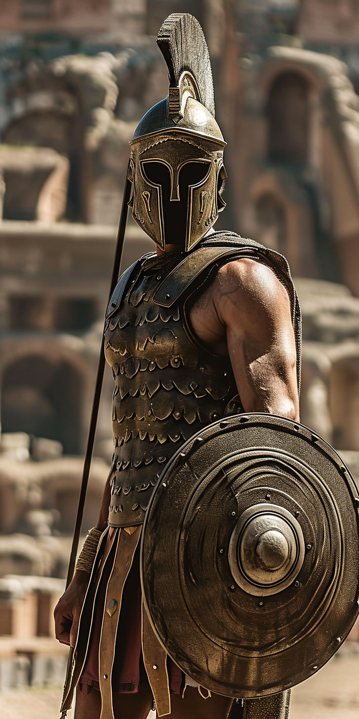 a man dressed in roman armor holding a shield and wearing a helmet on his head