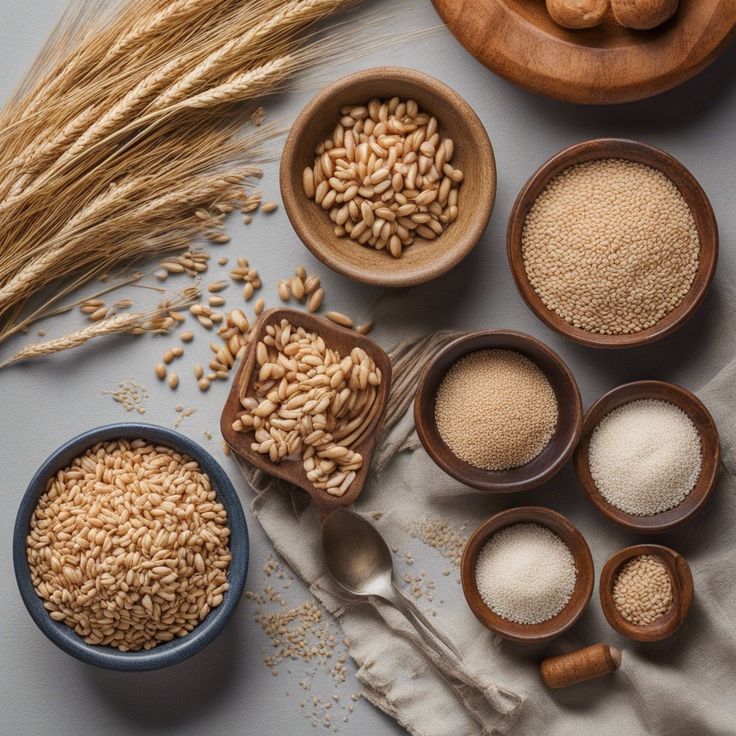 wheat, oatmeal, and other grains are arranged in bowls on a table