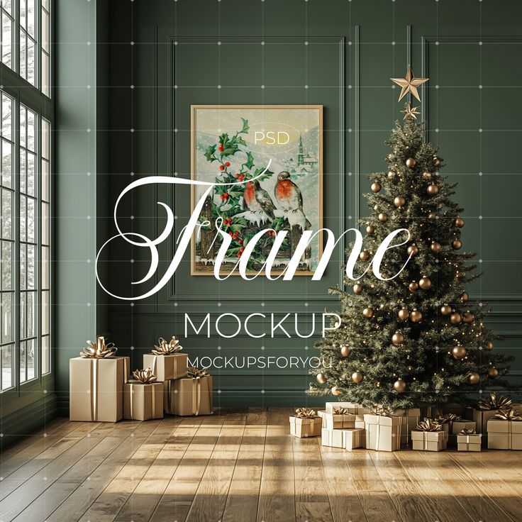 a christmas tree with presents around it and the words frame mockup mockups for photoshop