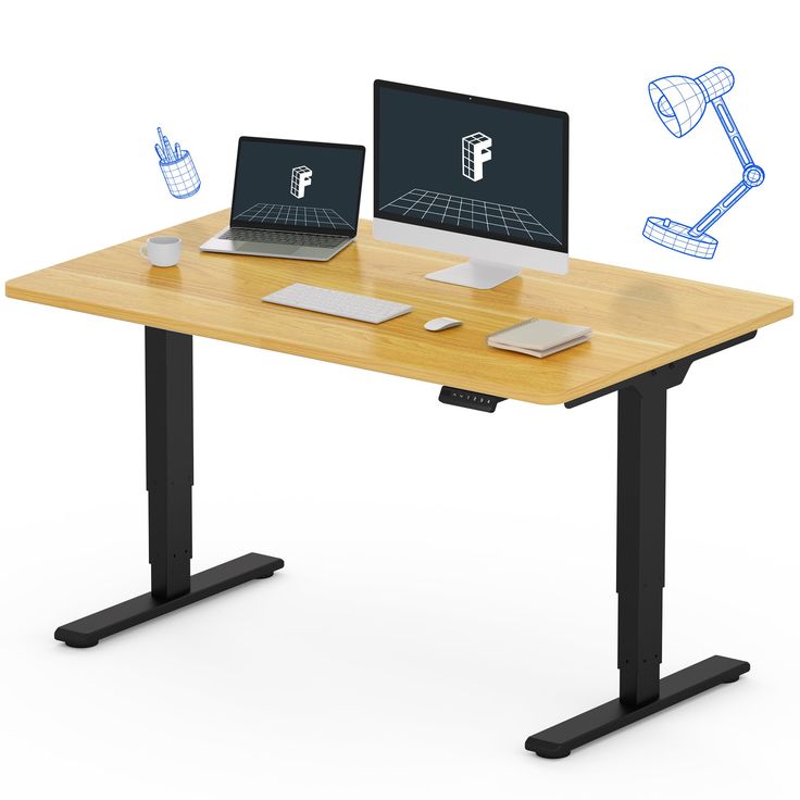 a computer desk with two laptops on it and an image of the same table