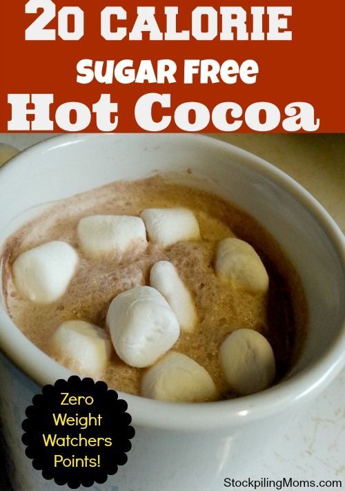 there is a cup of hot chocolate with marshmallows in it and the title overlay reads 20 calorie sugar free hot cocoa