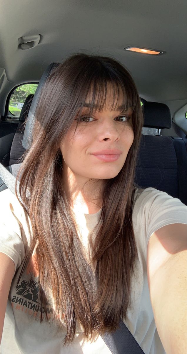 Brunette hair, bangs, layers Brunette Layered Hair With Bangs, Wispy Bangs Brunette Long Hair, Wispy Bangs Long Straight Hair, Bangs Brown Hair Long, Bangs Across Forehead, Haircuts Light Bangs, Fridge Bangs, Flimsy Bangs Hair, Brunette Wispy Fringe