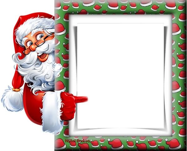 a cartoon santa claus holding a sign and pointing at it with an empty space in the middle