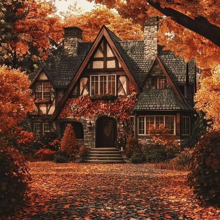 a painting of a house surrounded by trees and leaves in the fall season with autumn colors