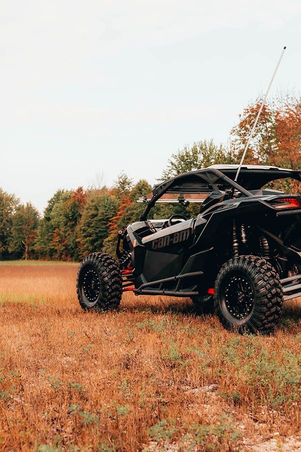 a can - am rzr is parked in the middle of a field near trees