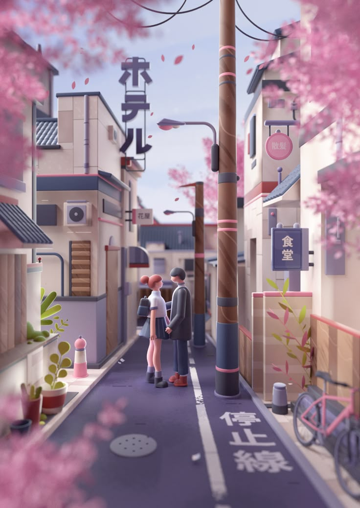 two people are standing in the middle of an alley with cherry blossoms on trees and buildings